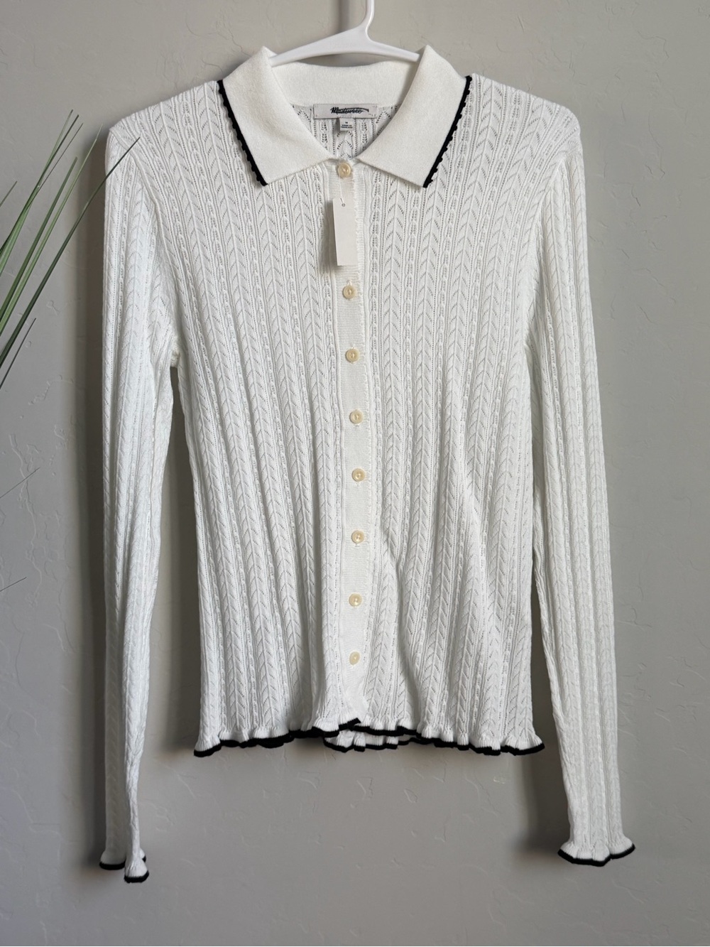 NWT Madewell Pointelle Knit Polo Cardigan White Black Contrast Trim Medium